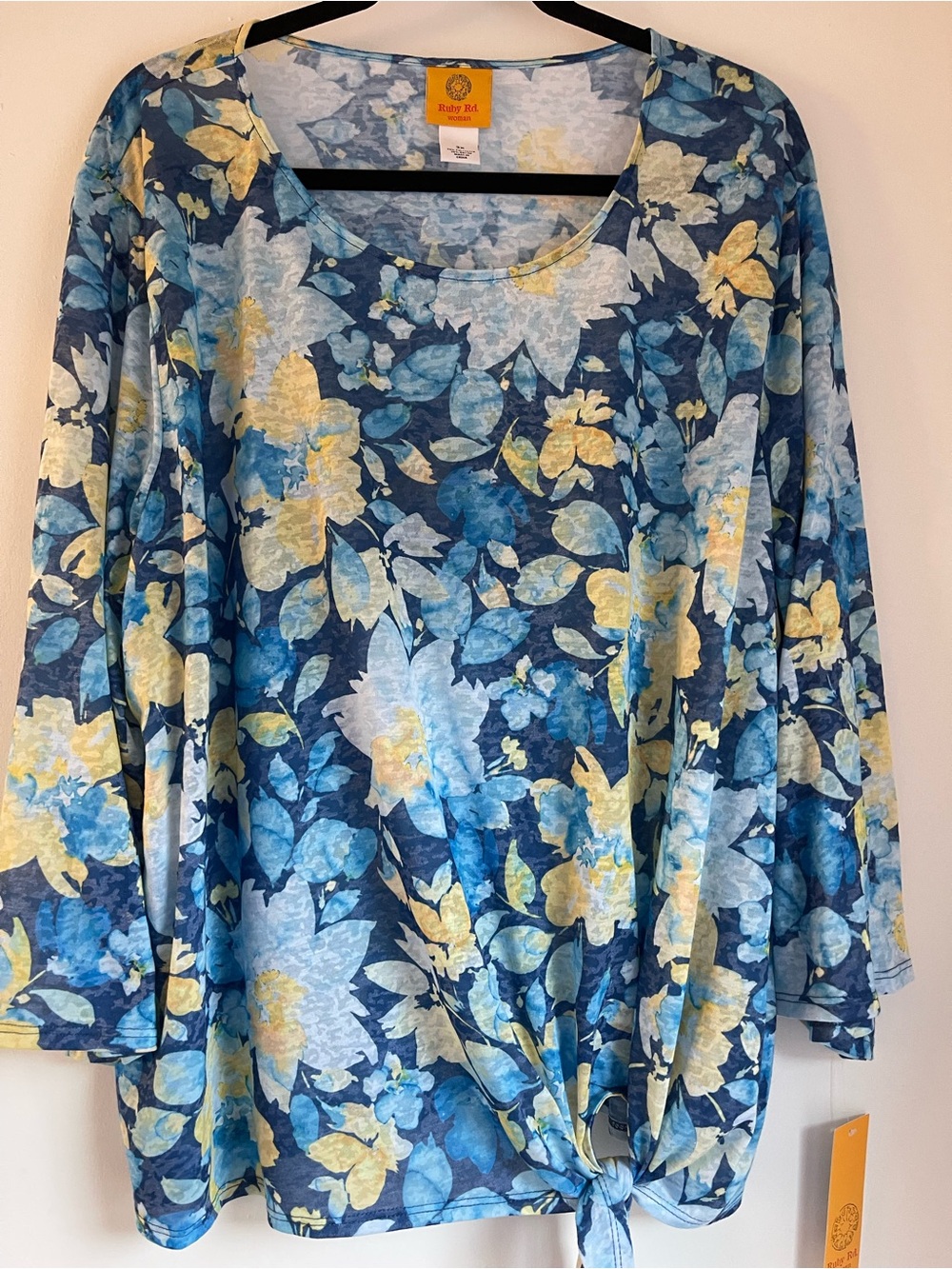 Tahari Blue and Yellow Floral Tie-Front Scoop Neck Tunic